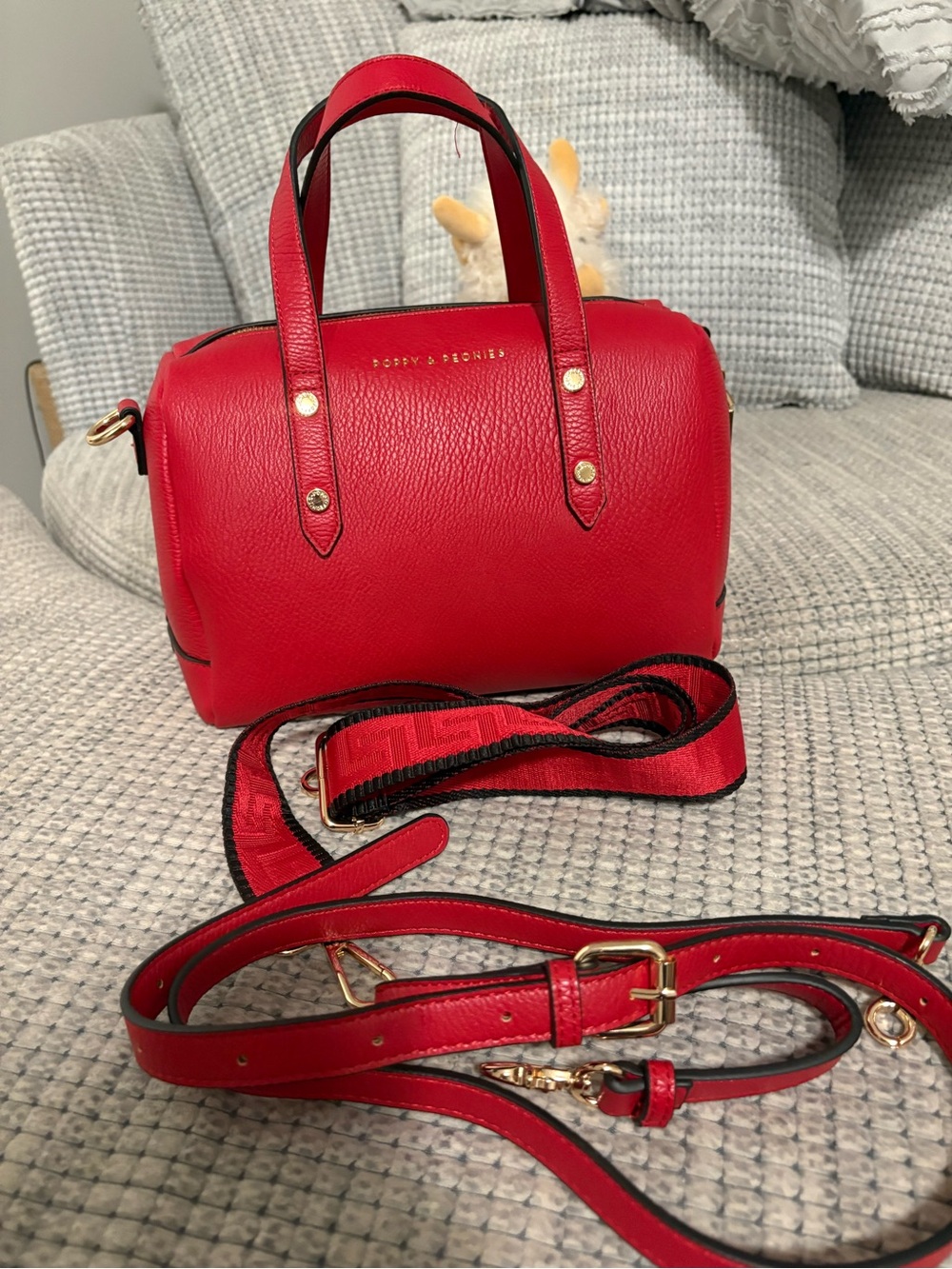 Poppy and Peonies Red vegan Leather Satchel with Removable Strap